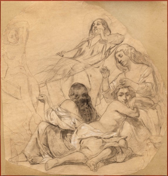 Self-portrait in a hammock surrounded by a group of women, ca 1844-1850. Creator: Courbet, Gustave (1819-1877).