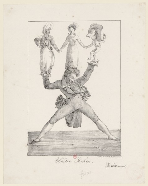 Théâtre Italien. Rossini soutenant Manuel Garcia dans Otello, Mme Fodor dans Rosine et..., 1821. Creator: Delacroix, Eugène (1798-1863).