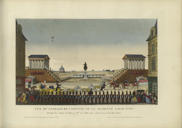 Vue du passage du cortège de Sa Majesté Louis XVIII, devant la statue de Henry IV le 3 mai 1814... Creator: Courvoisier-Voisin, Henri (1757-1830).