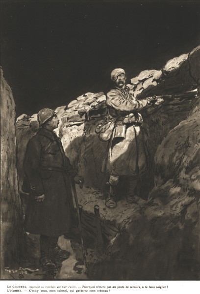 Sentry duty; The Colonel, inspecting his trenches during a night of high alert.., 1917. Creator: Unknown.