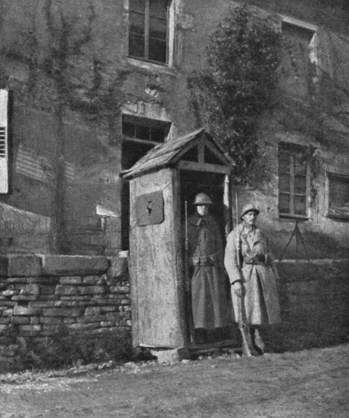 Hours of Victory; American sentry and French sentry at the entrance to a village..., 1917. Creator: Unknown.