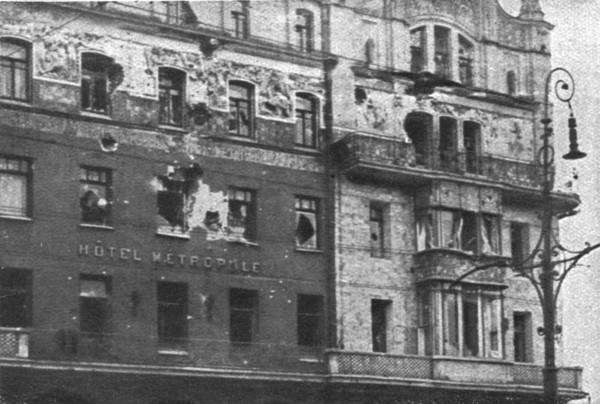 In Soviet Russia; Facade of the Hotel Metropole, in Moscow, cannoned and rifled...1917. Creator: Unknown.
