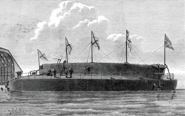 Launch of the Russian circular ironclad Admiral Popoff, 1876. Creator: Josiah Robert Wells.