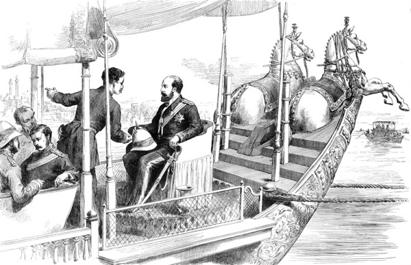 The Prince of Wales on board the State Barge of the Maharajah at Benares...1876. Creator: Unknown.
