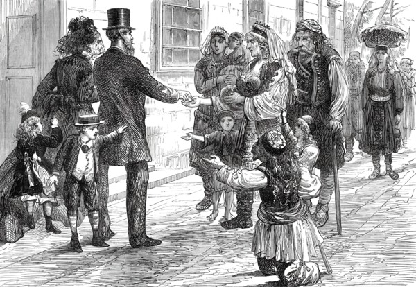 The War in the Herzegovina: Refugees begging outside an hotel at Ragusa, 1876. Creator: Unknown.