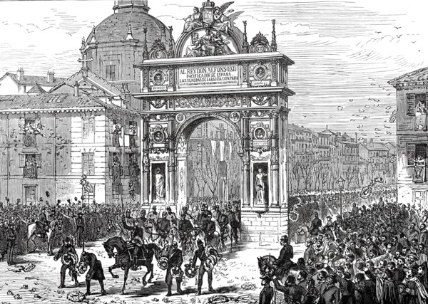 Entry of Alfonso XII. Into Madrid: Triumphal Arch in the Calle de Alcala, 1876. Creator: Unknown.