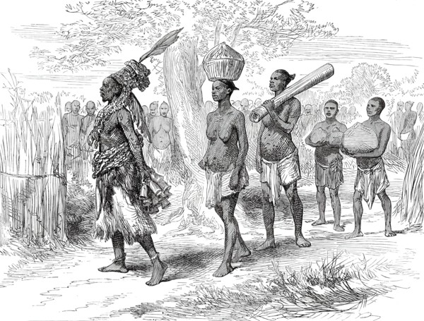 A Mrua Medicine Man and his Train, from a sketch by Lieutenant Cameron in Central Africa, 1876. Creator: Unknown.