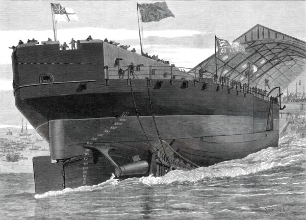 Launch of the Inflexible at Portsmouth Dockyard: stern view of the ship, 1876. Creator: Josiah Robert Wells.