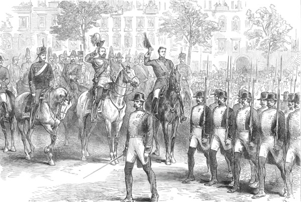 Review at Madrid before the Prince of Wales and the King of Spain: the Guardia Civile...1876. Creator: Unknown.