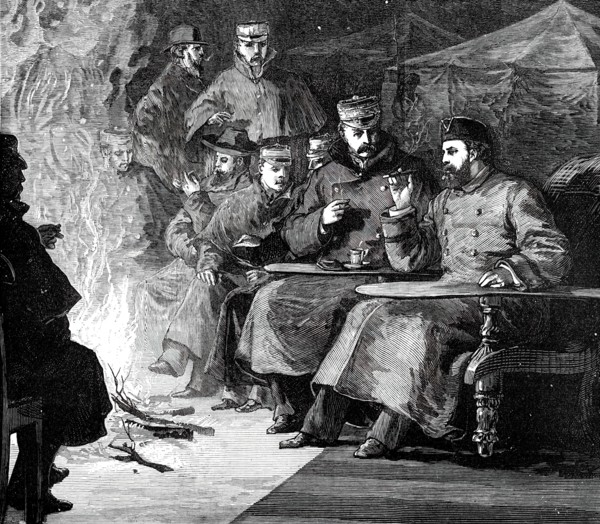 The Prince and his Comrades: Camp-Fire after Dinner in the Terai, 1876. Creator: Unknown.