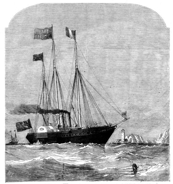 The Cherbourg Fetes - the Royal Yacht passing the Needles, 1858. Creator: Richard Principal Leitch.
