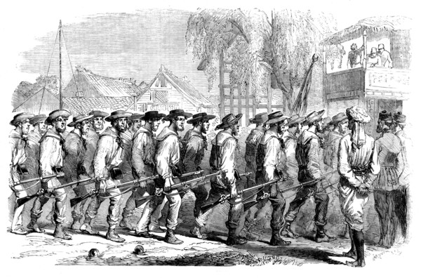 Sketches in China - the "Sanspareil" Naval Brigade landing at Canton, 1858. Creator: Unknown.