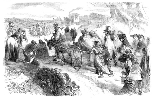 Hop-pickers on the Road - drawn by Phiz, 1858. Creator: Hablot Knight Browne.