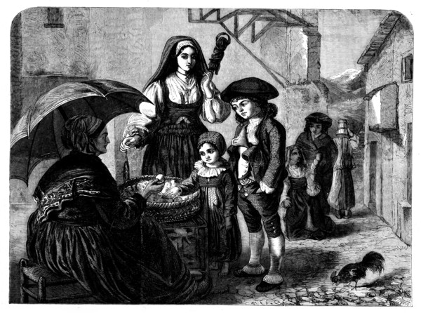 Spending a Sou - painted by Miss Rebecca Solomons - from the Winter Exhibition, French..., 1858. Creator: Unknown.