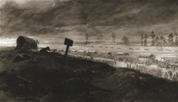'Dans la Bataille; les transports de troupes sur la ligne de feu: debarquement d'un regiment...1918. Creator: Georges Bertin Scott.