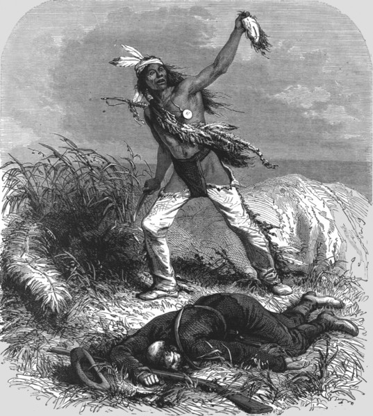 'The exultant Indians mutilate the dead body; Passage of the Great Canon of the Colorado', 1875. Creator: A. R Calhoun.