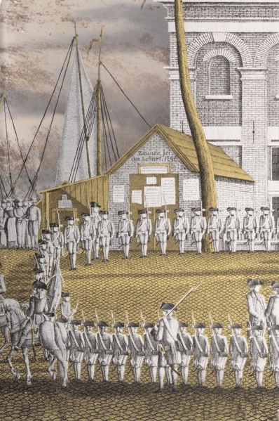 Cadets Formed into Line in front of the 'Zeerecht' Building on the Slijpsteenmarkt, Amsterdam, 1796. Creator: Jonas Zeuner.