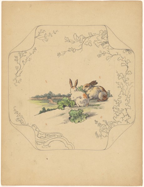 Design for model 'square' board with two rabbits, c.1875-c.1880. Creator: Albert Louis Dammouse.