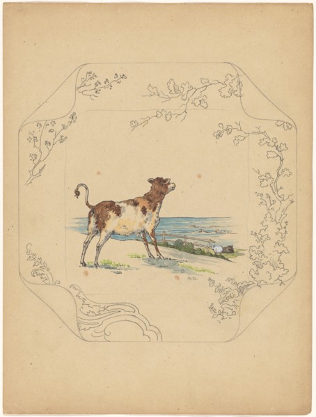 Design for model 'square' board with cow by the sea, c.1875-c.1880. Creator: Albert Louis Dammouse.