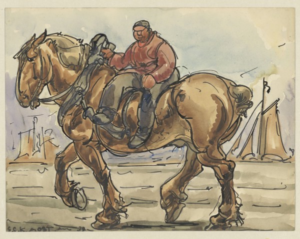 Man riding sidesaddle on a draft horse, 1939. Creator: Alfred Ost.