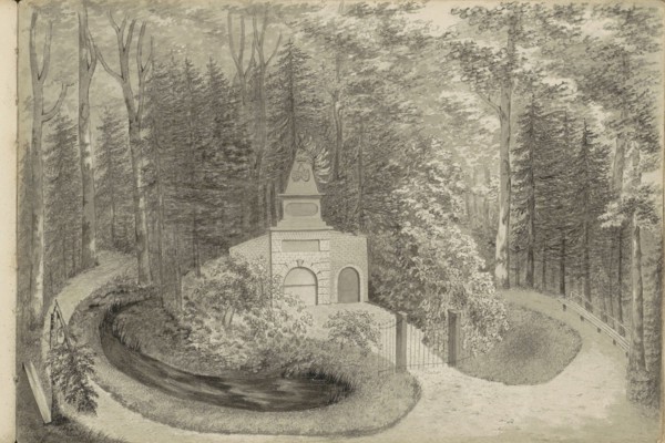 Monument in a forest, 1839. Creator: Anon.