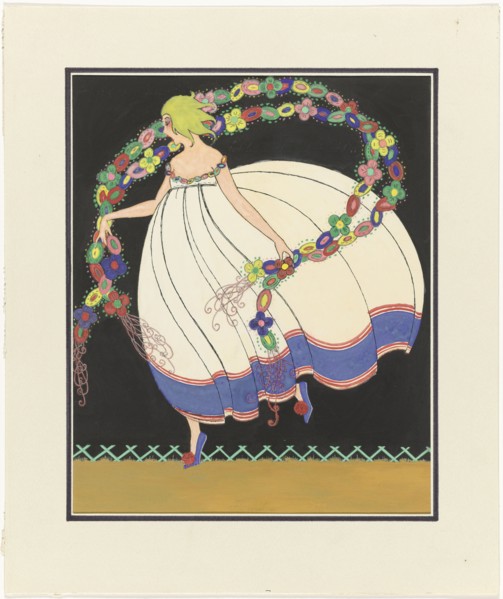 Woman in dress with full skirt, garlands in her hands, c.1910-c.1920.  Creator: Anon.
