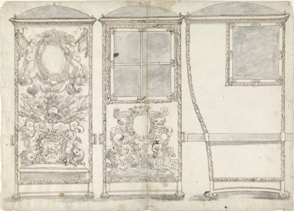Design for a Sedan Chair, Viewed from the Back, the Front and the Right SIde, c.1650-c.1700. Creator: Anon.