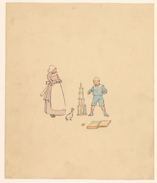 Boy and all over a block tower, c.1880-c.1910. Creator: Anon.