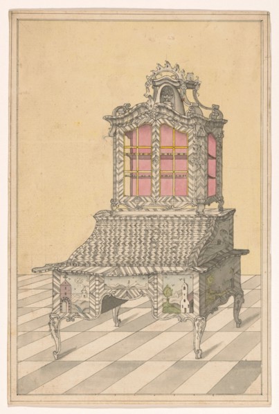 Design for a desk with a display up, decorated with marquetry of landscapes, c.1760-c.1770. Creator: Anon.