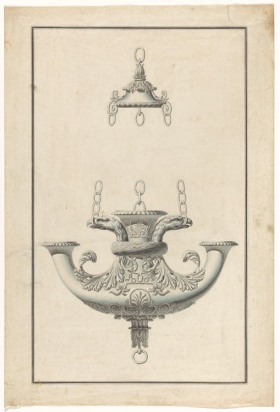 A hanging, patinated bronze lamp for three candles, decorated with eagle heads, c.1805-c.1820. Creator: Anon.