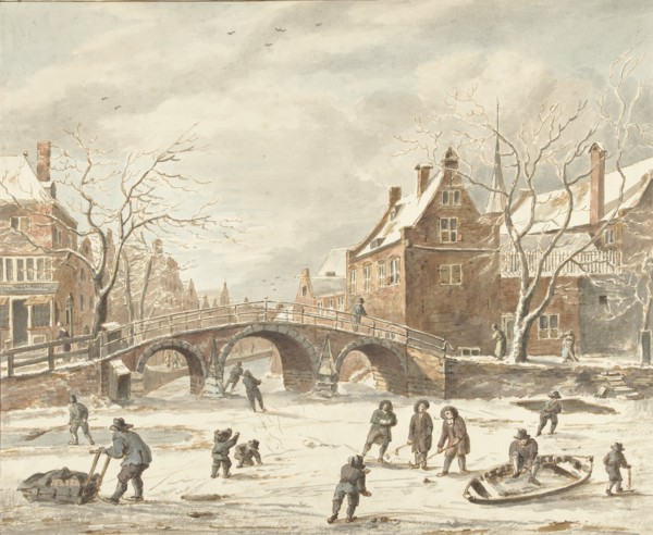 Ice fun on the corner of Spui and Nieuwezijds Voorburgwal, 1773-1838. Creators: Anthonie van den Bos, Jan van Kessel.