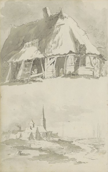 Barn and view of a city on the water, c.1780-c.1800. Creator: Bernhard Heinrich Thier.
