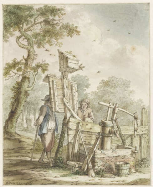 Landscape with two men at a noticeboard near a water pump, c.1750-1808. Creator: Bartholomeus Barbiers.