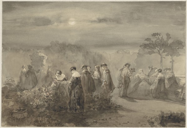 Company of ladies and gentlemen in a court with rose bushes that are lit by the moon, 1847. Creator: Charles Rochussen.