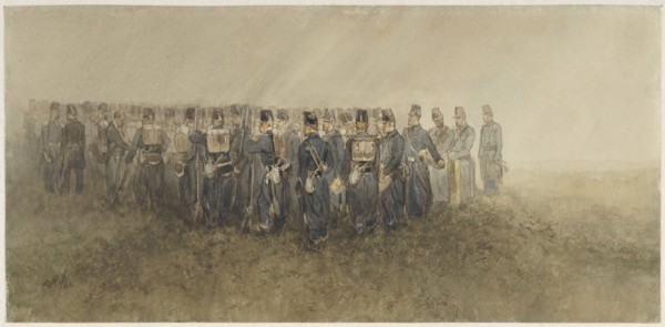 Break of a battalion of infantry on the heath, 1860. Creator: Charles Rochussen.