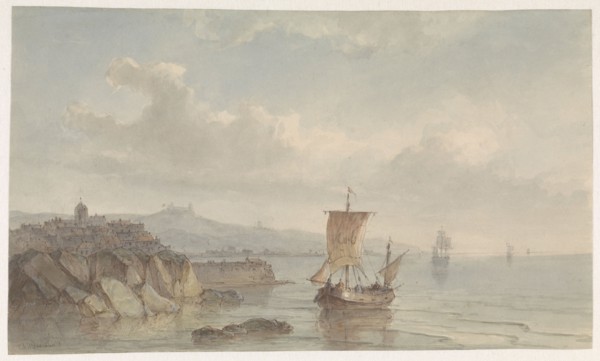 Coastal landscape with port and ships on the water, 1809-1874. Creator: Christiaan Lodewijk Willem Dreibholtz.