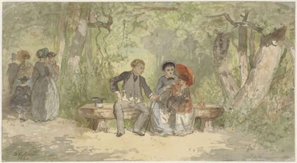 Man, wife and child on a bench in the park, 1863. Creator: Diederik Franciscus Jamin.