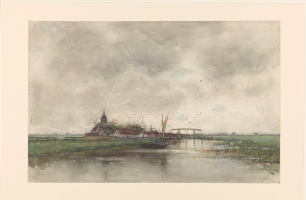 River landscape with a view of a village, 1866-1892. Creator: Frederik Jacobus van Rossum du Chattel.