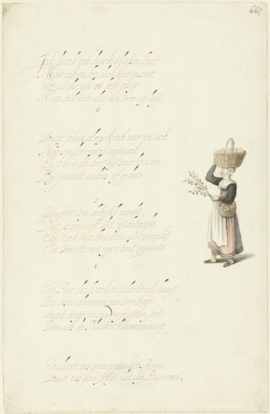 Woman with two baskets of fruit and a cherry tree branch, c.1652. Creator: Gesina ter Borch.