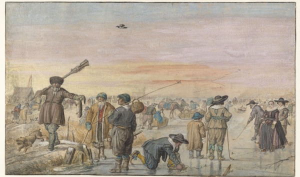 Winter Scene on the Ice, with a Hunter Showing an Otter, c.1625-c.1630. Creator: Hendrick Avercamp.