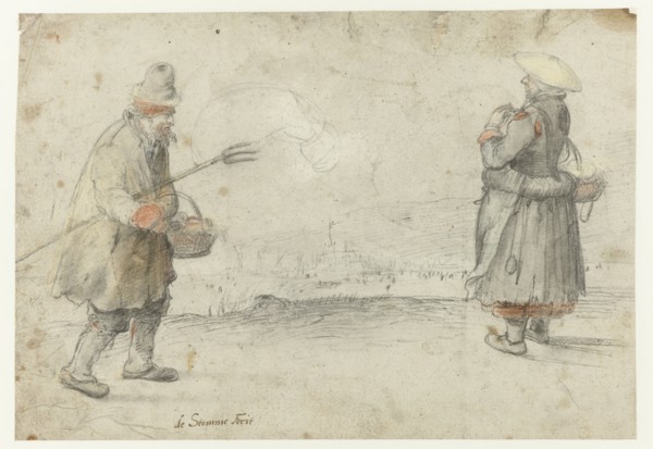 Studies of a Man and a Woman Standing on the Bank of a Frozen River, with a Town..., c.1610-c.1615. Creator: Hendrick Avercamp.