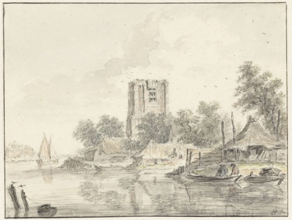 River landscape with a ruined church tower, 1733-1784. Creator: Hendrik Spilman.