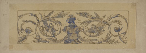 Rectangular field with symmetrical leaf vines with banners, weapons and a laurel wreath, with a helm Creator: Henri Cameré.