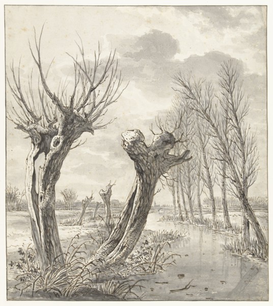 Winter landscape with pollard willows along a frozen ditch, 1766-1815. Creator: Jacob van Strij.