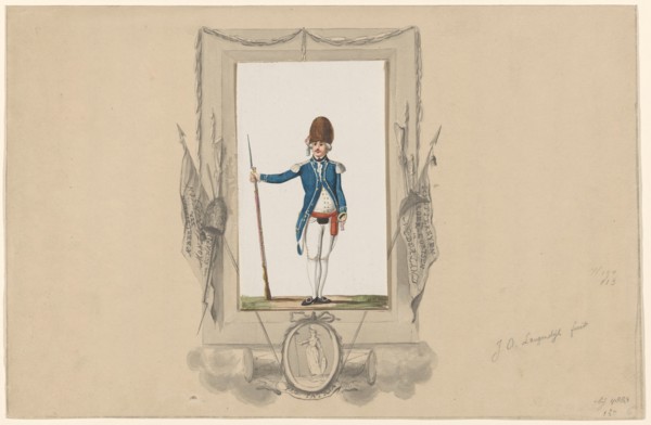 Standing soldier in ornamental frame, 1790-1818. Creator: Jan Antony Langendijk.