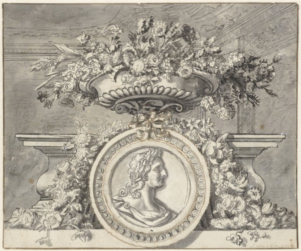 Vase with flowers, and a medallion, c.1692-c.1749. Creator: Jan van Huysum.
