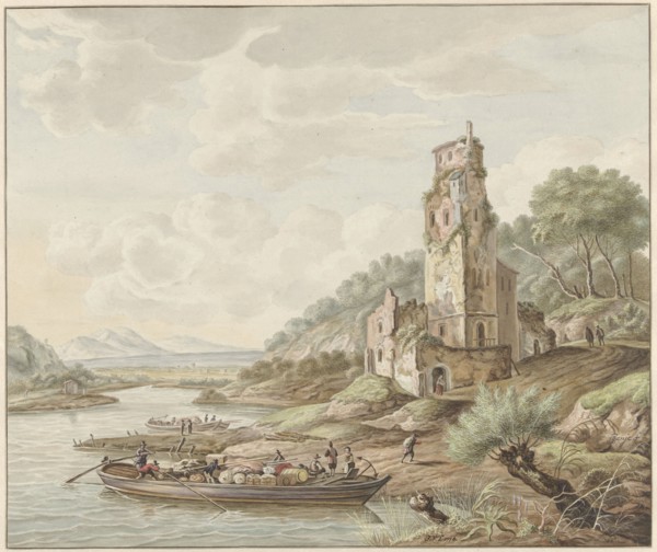 Landscape with loaded barge near a castle, 1776. Creator: Jan van Lockhorst.