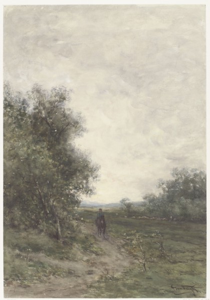 Landscape with a rider and a herd of sheep with shepherd, 1856-1892. Creator: Jan Vrolijk.