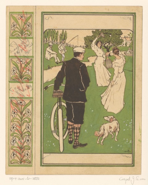 Book cover design, man with bicycle and badminton players, 1880-1928.  Creator: Johann Georg van Caspel.
