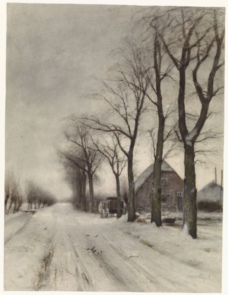 Winter landscape with farmhouse and row of trees, 1860-1892. Creator: Louis Apol.